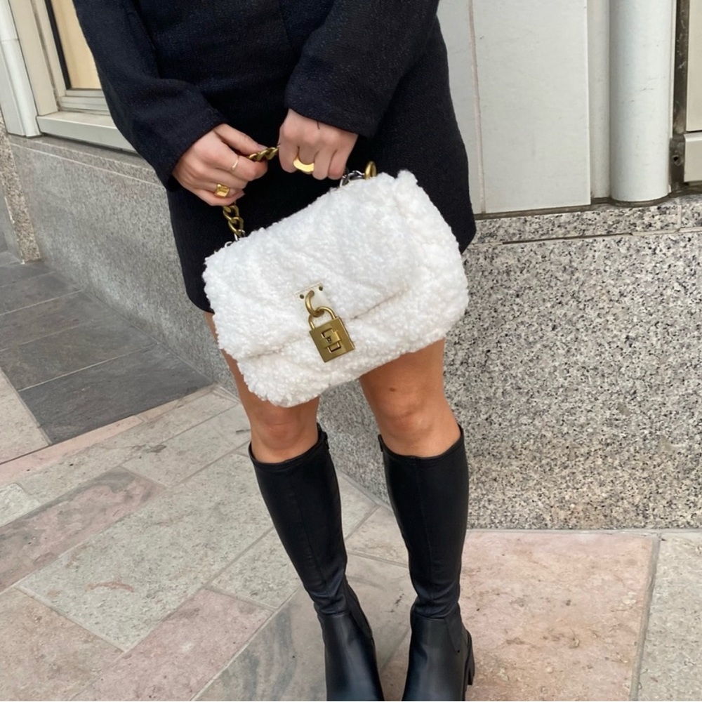 White Shearling Chain-Handle Shoulder Bag
